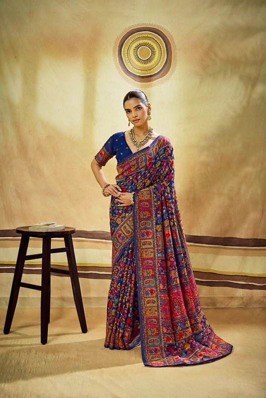  Blue Kashmiri Handloom Woven Munga Cotton Saree
