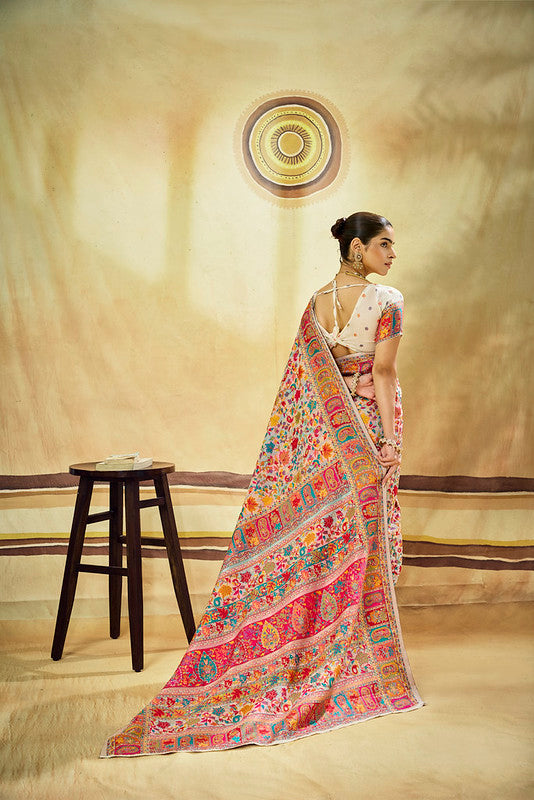 Pearl White Kashmiri Handloom Woven Munga Cotton Saree