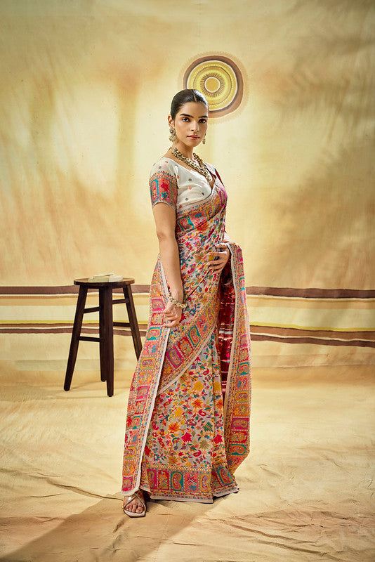 Pearl White Kashmiri Handloom Woven Munga Cotton Saree