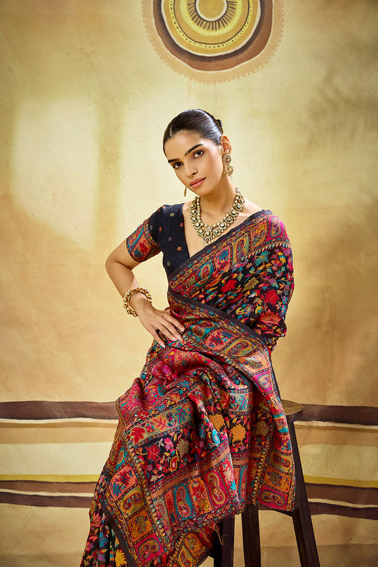 Black Kashmiri Handloom Woven Munga Cotton Saree