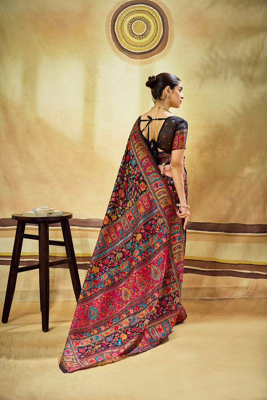 Black Kashmiri Handloom Woven Munga Cotton Saree