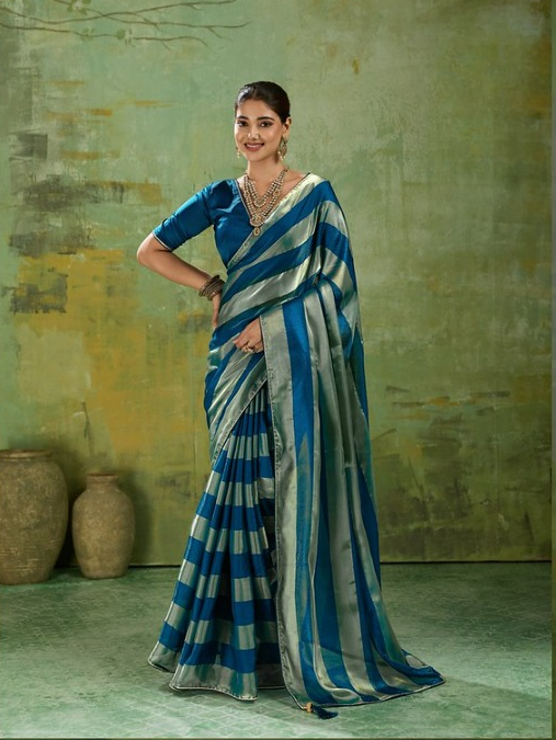 Blue Striped Satin Saree