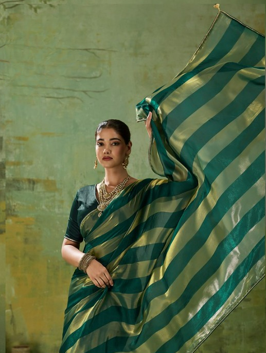 Pine Green Striped Satin Saree