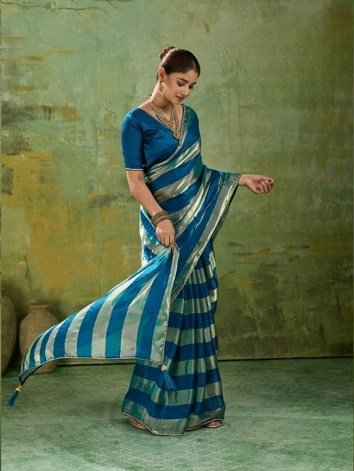 Blue Striped Satin Saree
