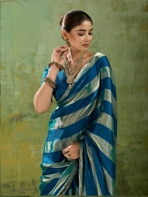 Blue Striped Satin Saree