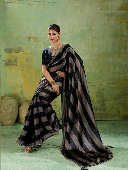 Black Striped Satin Saree