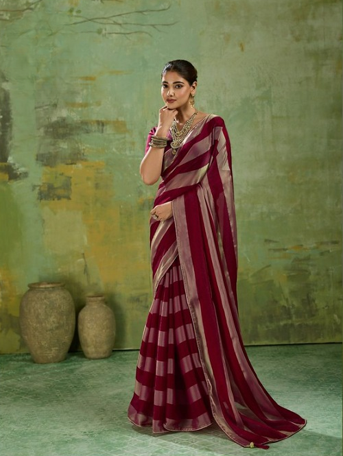 STORI Maroon Striped Velvet Satin Saree for Women
