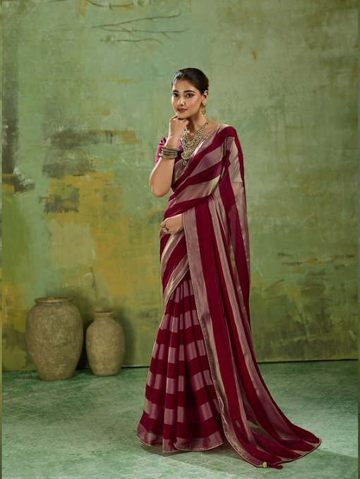 Maroon Striped Satin Saree