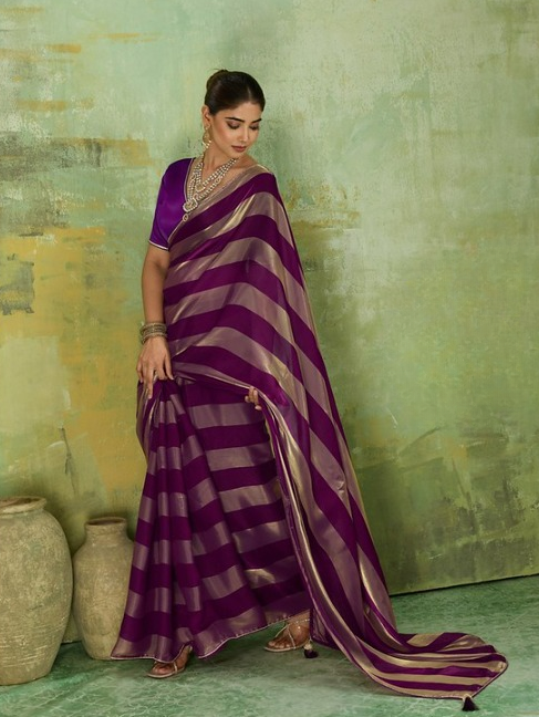 Wine Striped Satin Saree