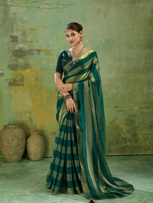 Pine Green Striped Satin Saree