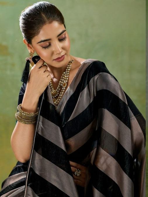 Black Striped Satin Saree