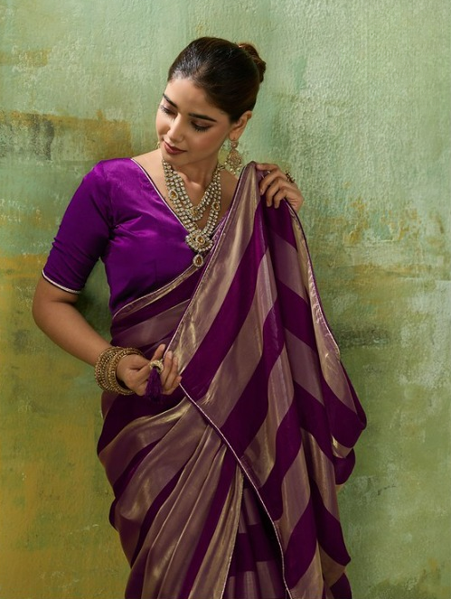 Wine Striped Satin Saree