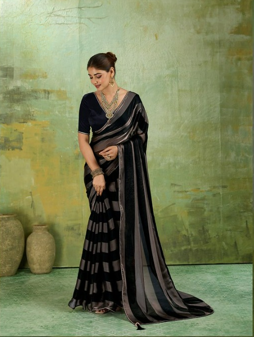 Black Striped Satin Saree