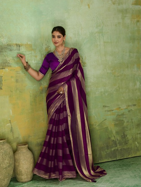 Wine Striped Satin Saree