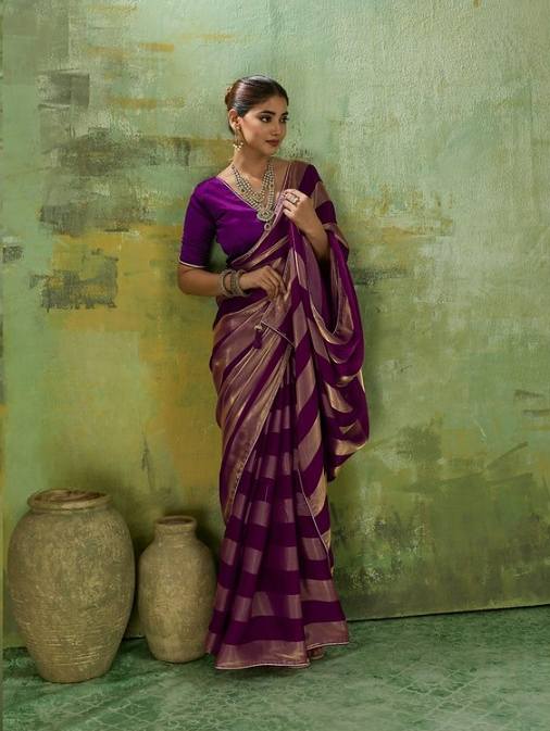 Wine Striped Satin Saree