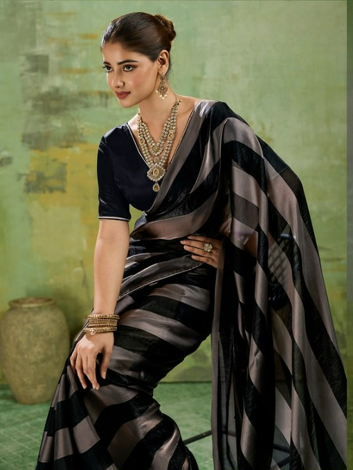 Black Striped Satin Saree