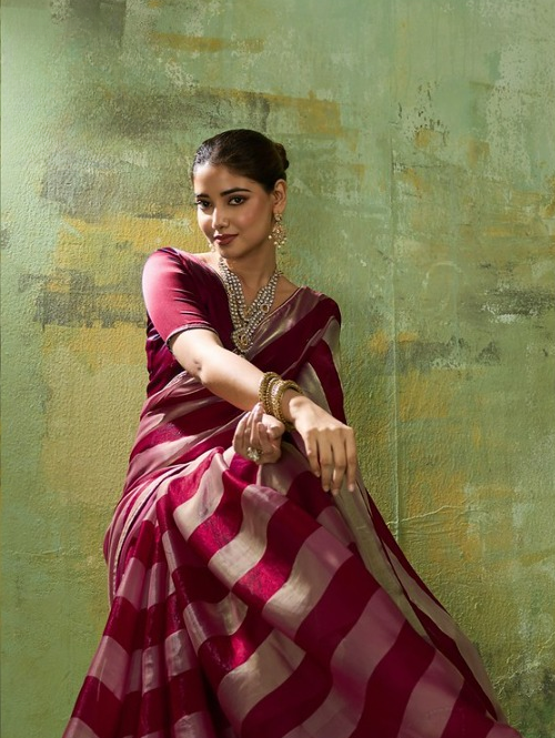 Maroon Striped Satin Saree