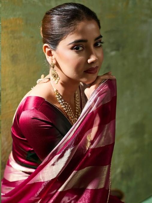 Maroon Striped Satin Saree