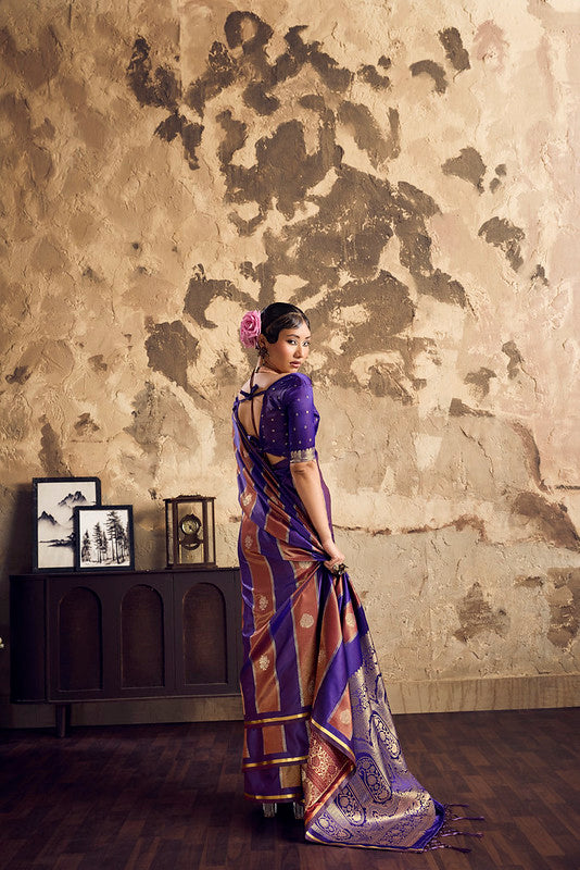 Purple And Blue Pure Satin Silk Saree