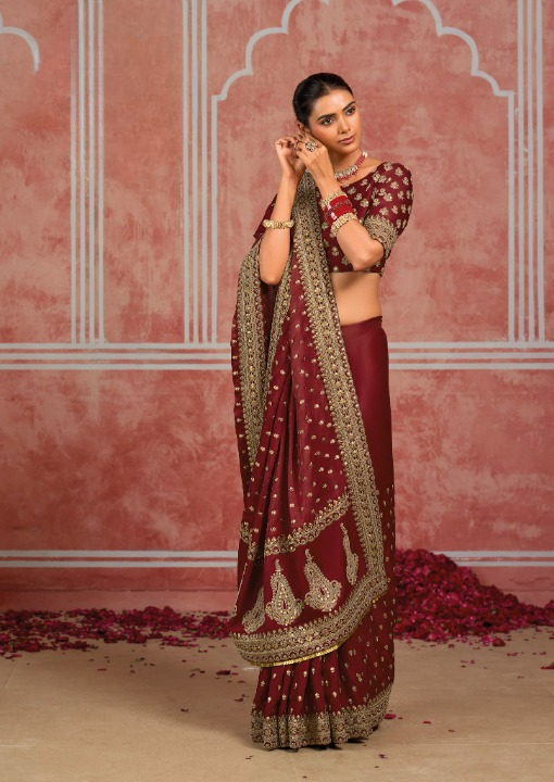 STORI Maroon Bridal Designer Silk Saree
