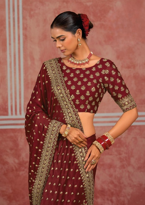 STORI Maroon Bridal Designer Silk Saree