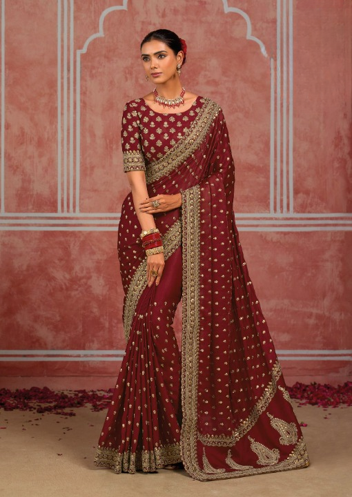 STORI Maroon Bridal Designer Silk Saree