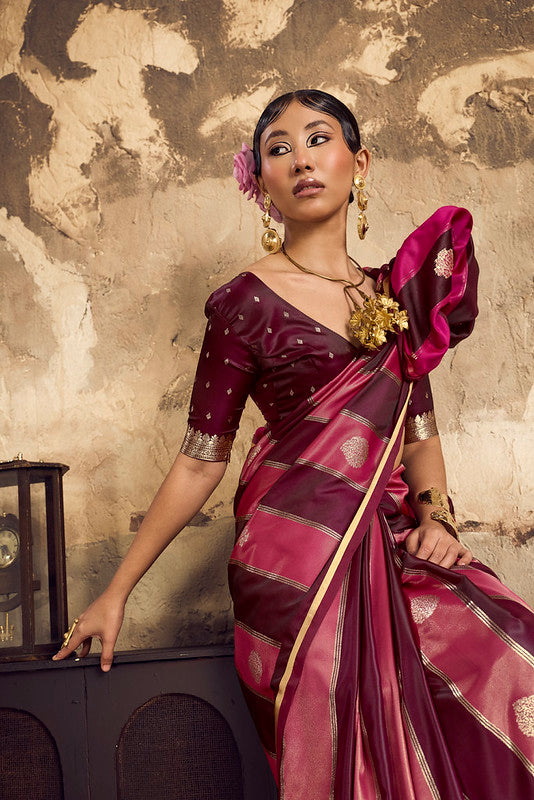 Wine Purple And Pink Satin Silk Saree