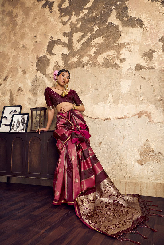Wine Purple And Pink Satin Silk Saree