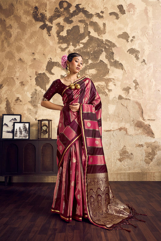 Wine Purple And Pink Satin Silk Saree