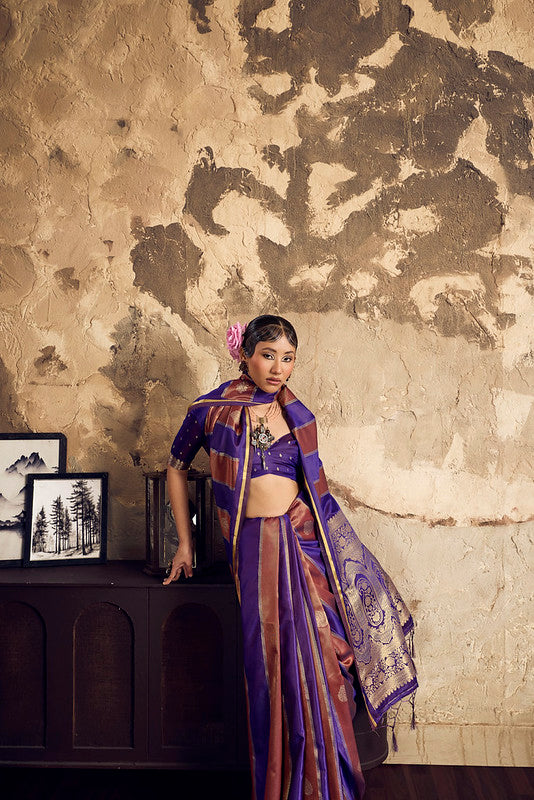 Purple And Blue Pure Satin Silk Saree