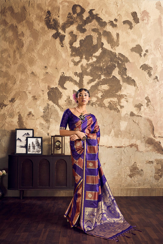 Purple And Blue Pure Satin Silk Saree