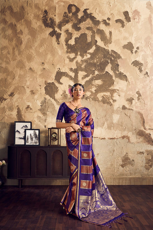 Purple And Blue Pure Satin Silk Saree