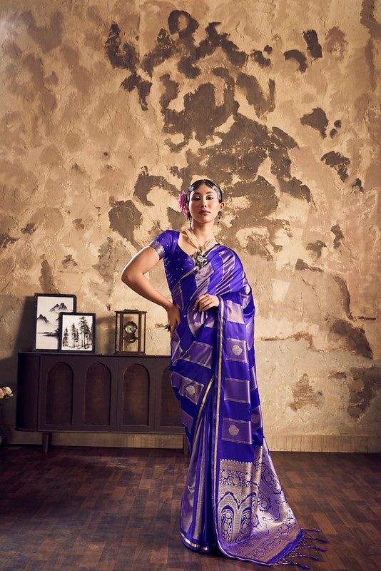 STORI Blue Pure Silk Satin Saree For Women