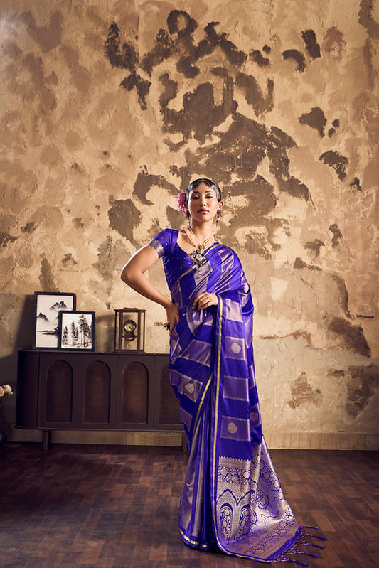 STORI Blue Pure Silk Satin Saree For Women