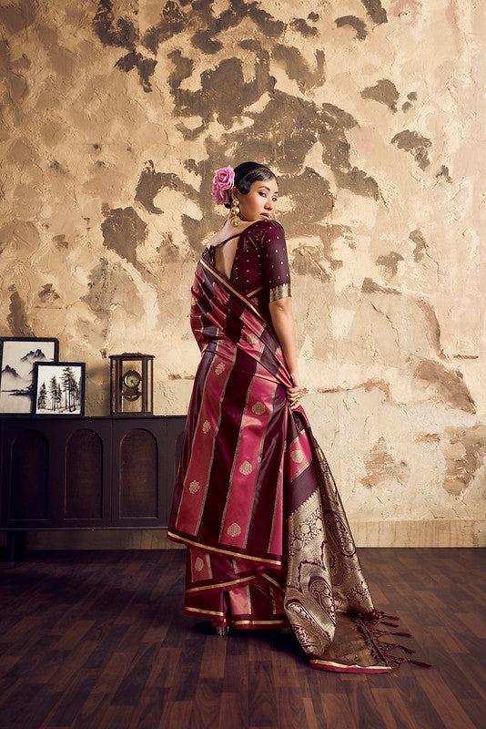 Wine Purple And Pink Satin Silk Saree