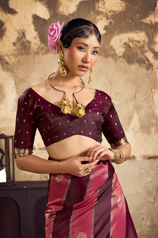 Wine Purple And Pink Satin Silk Saree