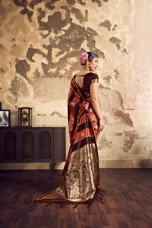 Rust Orange Pure Satin Silk Saree