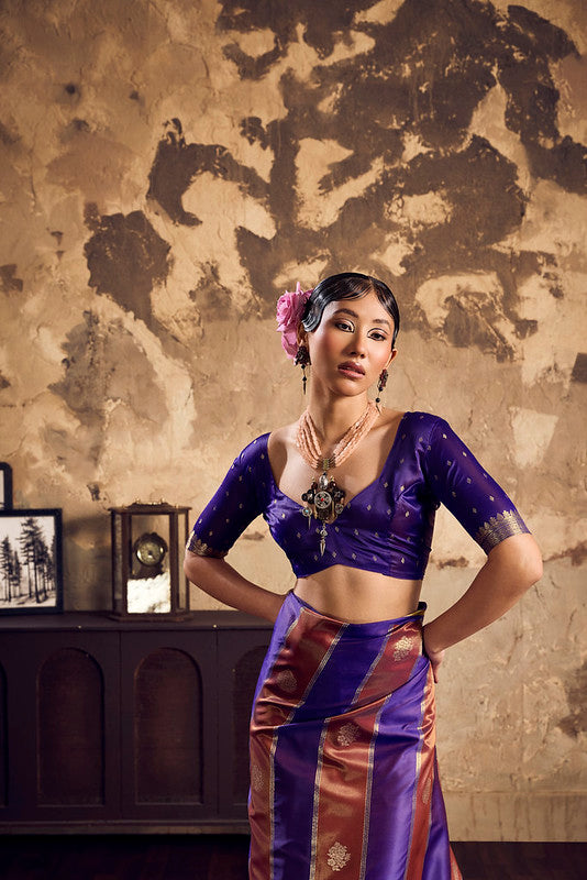 Purple And Blue Pure Satin Silk Saree