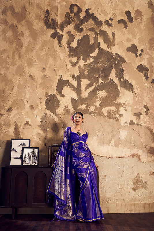 STORI Blue Pure Silk Satin Saree For Women
