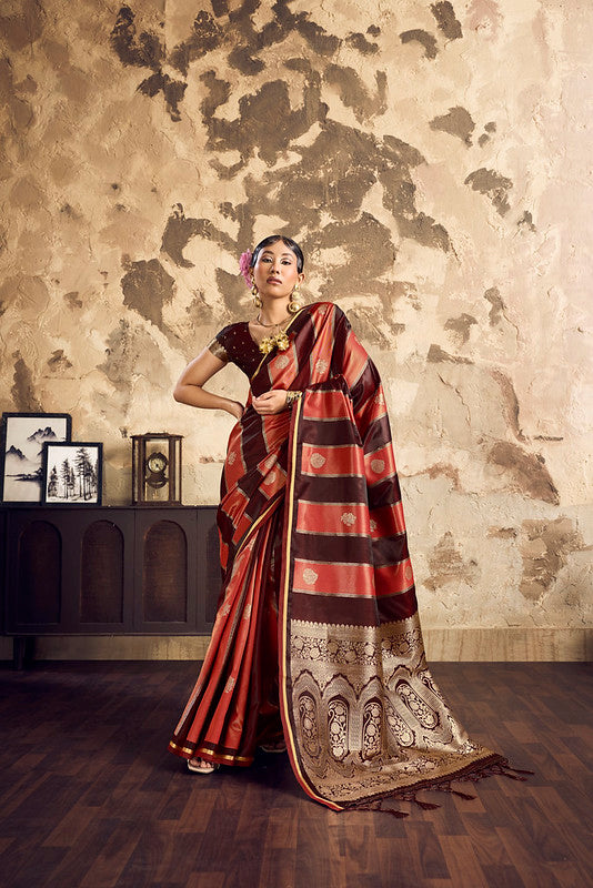 Rust Orange Pure Satin Silk Saree