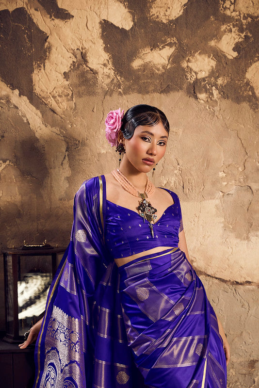 STORI Blue Pure Silk Satin Saree For Women
