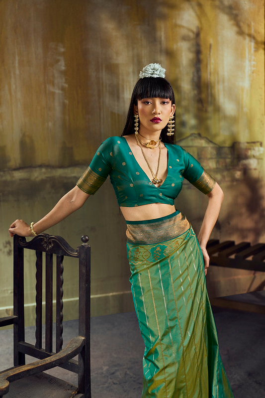 STORI Dual Green Pochampally Handloom Silk Saree