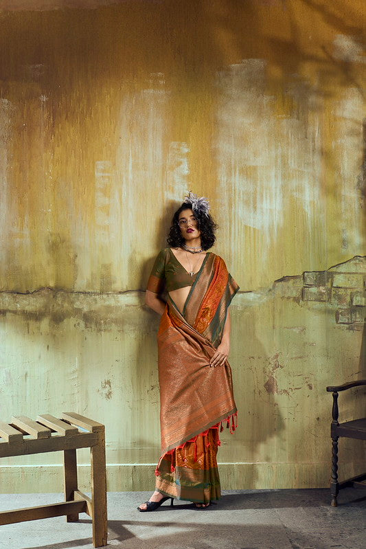 STORI Dual Orange Pochampally Handloom Silk Saree