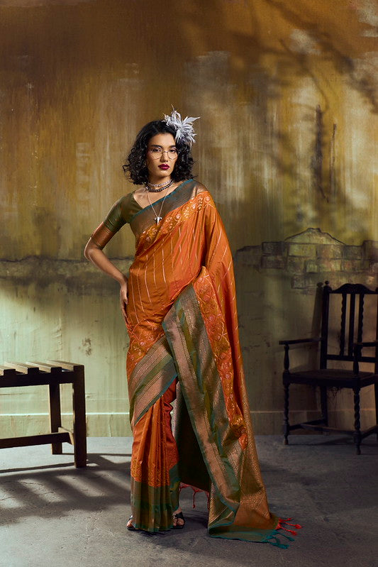 STORI Dual Orange Pochampally Handloom Silk Saree