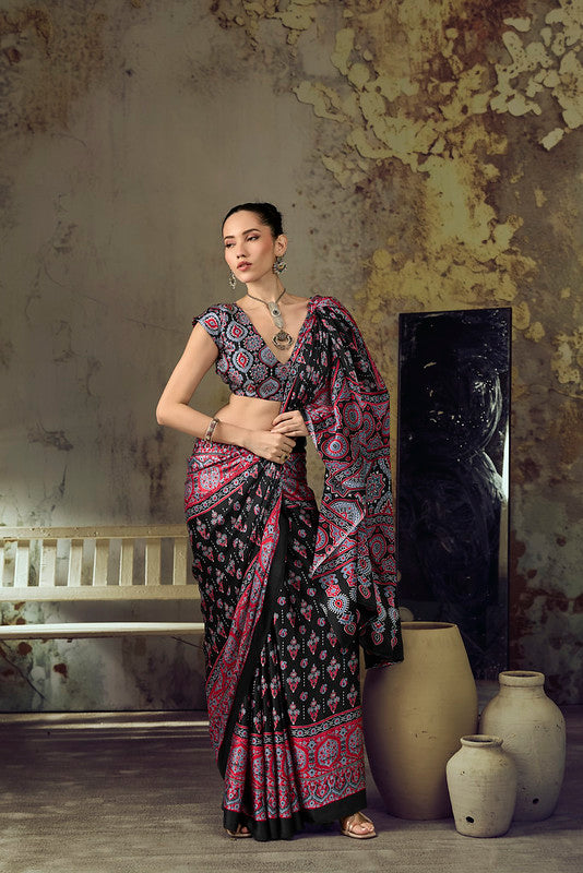 Red Black Ajrakh Printed Saree