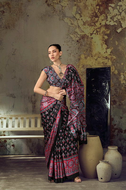 Red Black Ajrakh Printed Saree