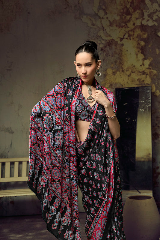 Red Black Ajrakh Printed Saree