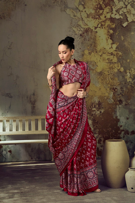 Cherry Red Ajrakh Printed Saree