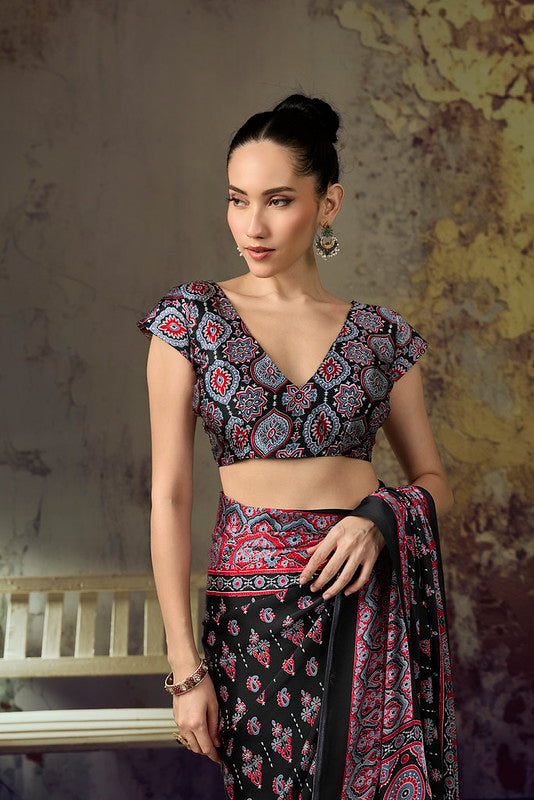 Red Black Ajrakh Printed Saree