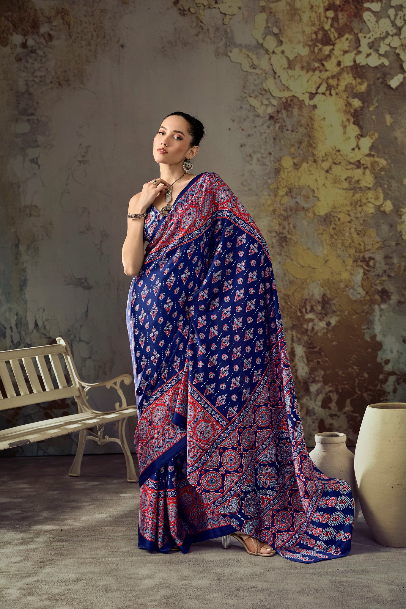 Midnight Blue Ajrakh Printed Saree